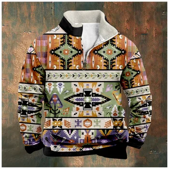 Bahar Sonbahar Tişörtü Erkekler / kadınlar Uzun Kollu Kapşonlu Gömlek Vintage Tribal Grafik Standı Yaka Casual Kazaklar Tops Streetwear