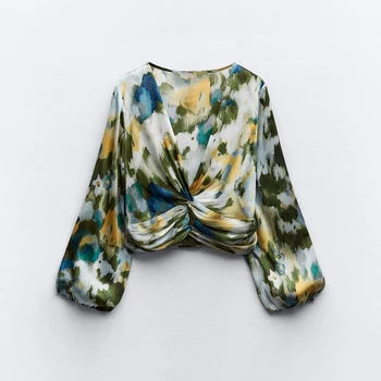 2024 İlkbahar Yaz Yeni Kadın Dantelli Kravat Boya Baskı Kırpma Üst Şık V Yaka Uzun Kollu Kırpılmış Üstleri Bayanlar Moda Rahat Gömlek