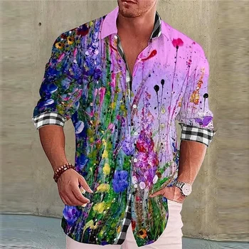 Moda gömlek yaka casual erkek graffiti mürekkep boyama çiçek kelebek açık retro yüksek kaliteli malzeme üstleri büyük boy büzgü