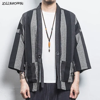 Erkekler Siyah / Beyaz Şerit Kimono Ceket Ince Bahar Ceket Pamuk ve Keten Japonya Tarzı Üç Çeyrek Kollu Erkek Kimono Ceket
