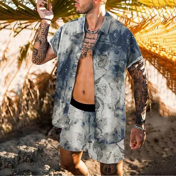 Erkekler Hawaii Setleri Yaz Mürekkep Baskı Kısa Kollu Düğme Gömlek plaj şortu Iki Set Rahat Moda Sıcak Erkek Giysileri 2 Adet Tops