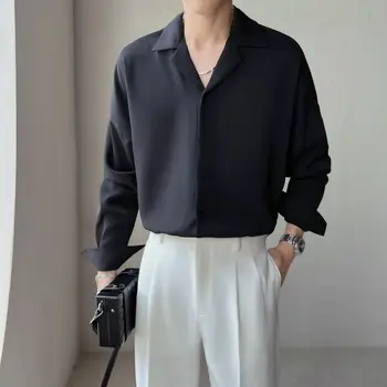 Kore Olgun Erkek Giyim Kıdemli Bahar Küba Boyun Gömlek Erkekler için Düz Renk Moda Gevşek Rahat Damla Uzun Kollu Elbise Gömlek