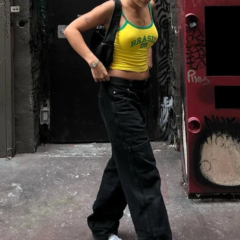 Yaz Backless Seksi Kaşkorse Kadın İnce Plaj Sling Brezilya Tarzı Seksi Kırpma Üstleri Kolsuz Streetwear Sarı Goth Emo Kız Y2k