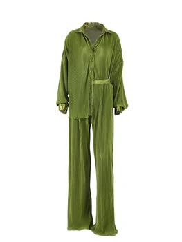 Kadın Casual Düğme Aşağı Uzun Kollu Gömlek ve Elastik Bel pantolon seti-Şık Streetwear Topluluk