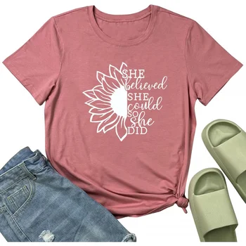 Yaz Sonbahar kadın yaratıcı tişört Motivasyon Teşvik Ayçiçeği Baskılı Kısa Kollu Gevşek kadın Üstleri