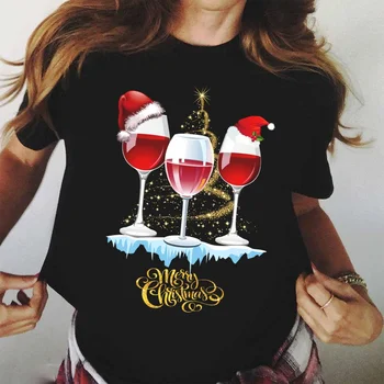 Uygun Tüm Mevsim Yeni şarap bardakları Noel T Shirt kadın Moda Komik Merry Christmas T Shirt Siyah Gömlek Üstleri Giysi