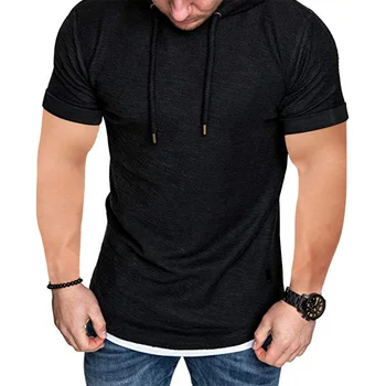 TETYSEYSH erkek spor tişört İpli Kapşonlu Kas Spor Üstleri kısa kollu tişört Patchwork Yaz Spor Rahat Tee