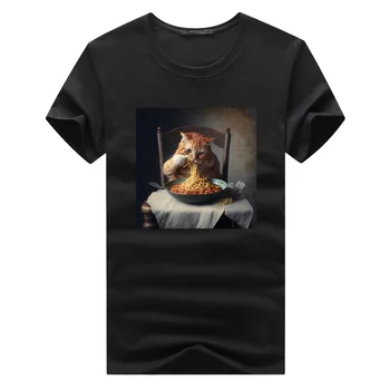Yaz Yaratıcı Kedi Yeme Spagetti Baskı Pamuklu erkek kısa kollu tişört Erkek Streetwear En Tees Büyük Boy Giyim