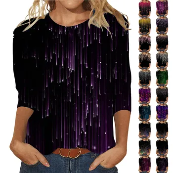 Kadın Pullu T Shirt Tasarım Üç Kollu Yuvarlak Boyun Moda Üst