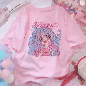 Tatlı Kızlar Sevimli Karikatür Japon Streetwear Harajuku Pembe Eğlenceli Kawaii Rahat Üst Ulzzang vintage Gevşek Şık Yaz Kadın T-shirt
