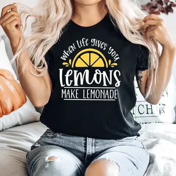 Hayat Size Limon Verdiğinde Kadın Yaz Moda Tişörtleri Grafik Düzenli Tees Eşleşen Görünüm Harajuku Giyim Meyve Baskılı Üstleri
