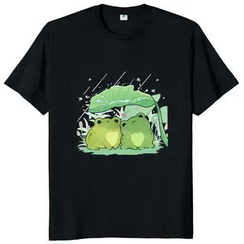 Sevimli İki Kurbağa Şemsiye İle T Shirt Estetik Hayvanlar Kurbağa Baskı Tee Üstleri Büyük Boy Unisex Yaz Rahat Pamuklu T-shirt