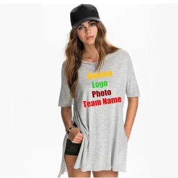 Punk Rock Hip Hop Büyük Boy Kadın Yaz Uzun Bölünmüş T Shirt Özel Logo Fotoğraf Metin Baskılı DIY Üstleri Kadın Bayan Katı Temel Tees