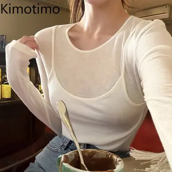 Kimotimo Sahte İki Parçalı Uzun Kollu tişört Kadın 2023 Bahar Katı Şeffaf İnce Y2k Üstleri Kore Moda O-Boyun İnce Tees Casual