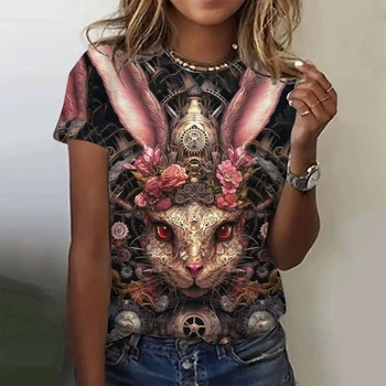 3D baskılı tavşan desen T-shirt kadın yaz kısa kollu moda rahat yuvarlak boyun T-shirt giyim 2023