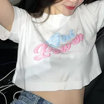 Y2K Tatlı Kız Sevimli Pembe Mektup Grafik T Shirt Harajuku Eğlenceli Kawaii Rahat Üst Ulzzang Yaz kadın Kırpılmış T-shirt Elbise
