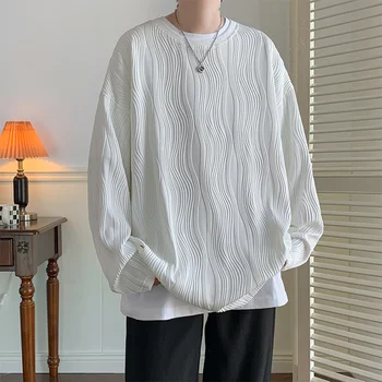 Bahar Pilili erkek T-Shirt Kore Tarzı Uzun Kollu Büyük Boy Üstleri Düz Renk Moda Erkek Casual Tees