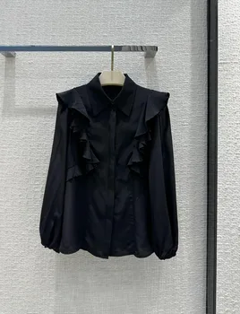 100 % Ipek Zarif Ofis Kadın Giyim Turn Down Yaka Fener Kollu Siyah Gömlek S-XL Moda Ruffles Kadınlar Bluz