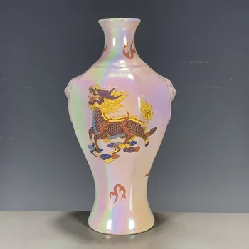 Antika Eski Seramik Vazo Beyaz Sır Cinquefoil Kirin Desen Çift Canavar Kafası Aydınlık Porselen Süs Vazo