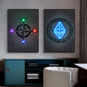 Poster Baskılar Oyun Yönü Oyun Ethereum Neon video oyunu Tuval Boyama Sanatı Duvar Resimleri Oturma Odası Ev Dekor Cuadros