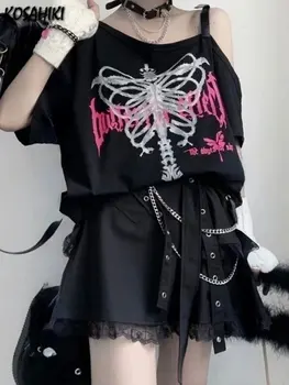 Punk Kapalı Omuz T-Shirt Seksi Y2k Estetik Kafatası Baskı Gotik Üstleri Kadın Moda Yaz Gevşek Kısa Kollu Siyah Casual Tees