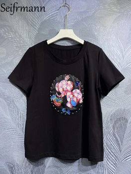 Seifrmann Yüksek Kalite Yaz Kadın Moda Tasarımcısı Pamuk T-Shirt Kısa Kollu Muhteşem Boncuk Payetli Siyah Gevşek Tees En