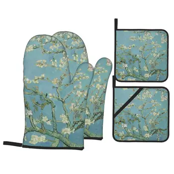 Badem Çiçekleri Vincent Van Gogh Fırın Eldiveni ve tencere tutucular Pişirme için 4 Set ısıya Dayanıklı BARBEKÜ Mutfak Eldivenleri Tencere Tutucular
