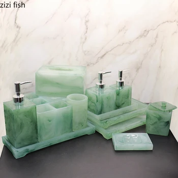 Zümrüt Doku Yeşil Banyo Aksesuarları Seti Taklit Yeşim Banyo Malzemeleri Taşınabilir Sabunluk Ağız Fincan Reçine Banyo Araçları
